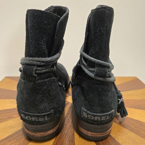 Sorel Black Leather Boots Womens 8.5 Farah Tassel Ties Ankle Booties Suede Boho - Picture 6 of 13